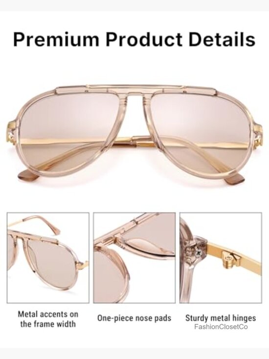 Oversized Aviator Sunglasses Retro 70s Style Tangle Free Top Bar UV400